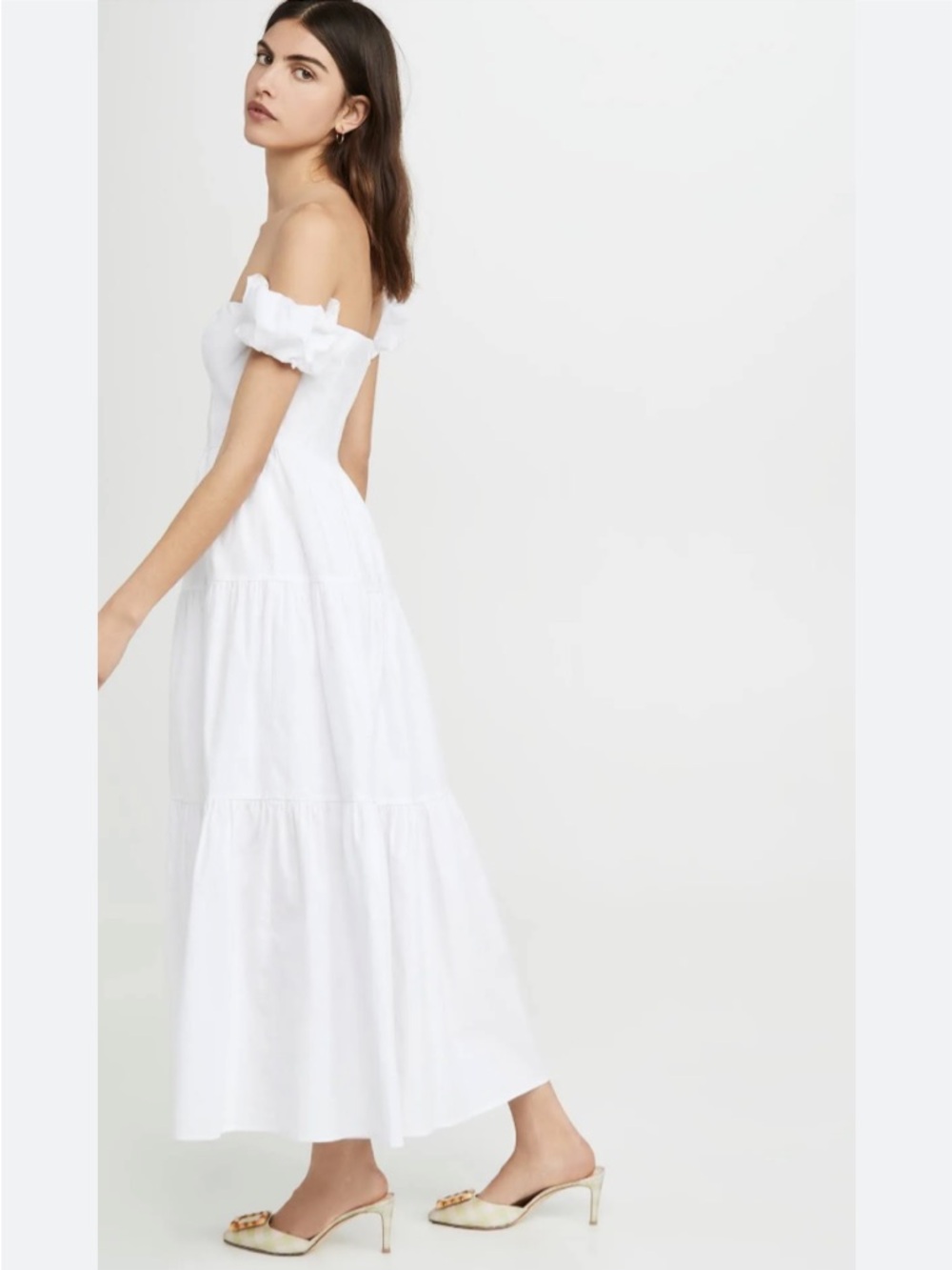 STAUD White Off-Shoulder Tiered Midi Dress